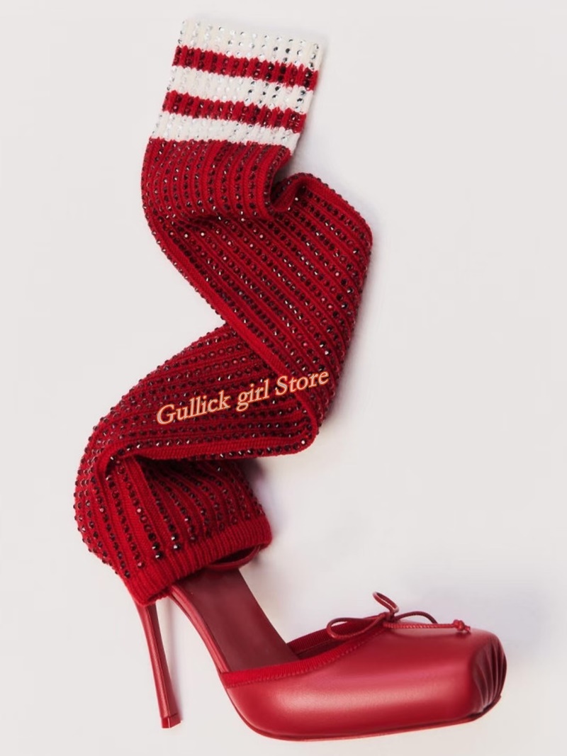 Red Knit Square Toe Boots Cut  - đánh giá và giá Sock Boot Women