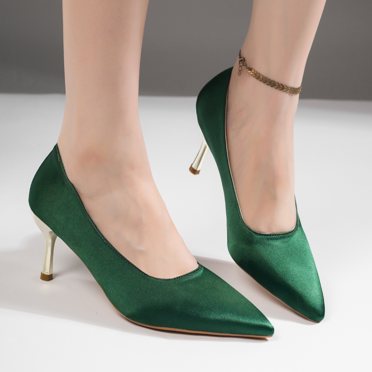 Women Green Satin Pumps Pointe - đánh giá và giá Court Heel Pointed