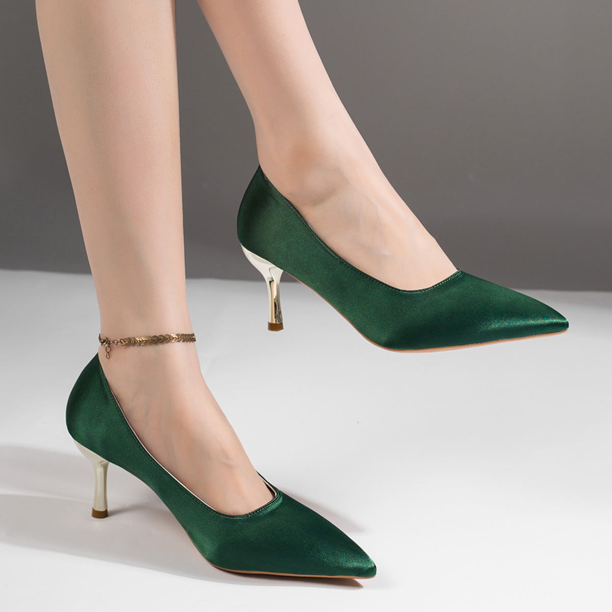 Women Green Satin Pumps Pointe - đánh giá và giá Court Heel Pointed